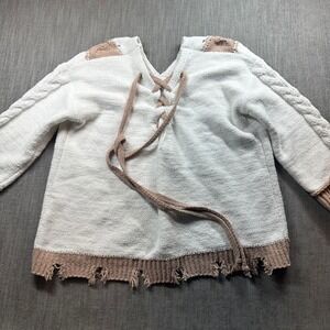 Pol Chenille Sweater Womens M White Tan  Lace Up Distressed Boho